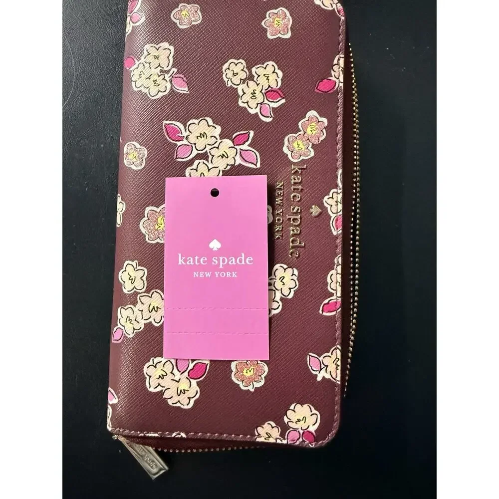 Kate Spade New York Frosted Floral Deep Berry Continental Zip Wallet